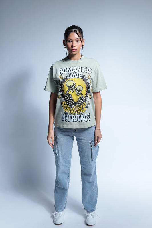 "Romantic Love" short sleeve washed green tee