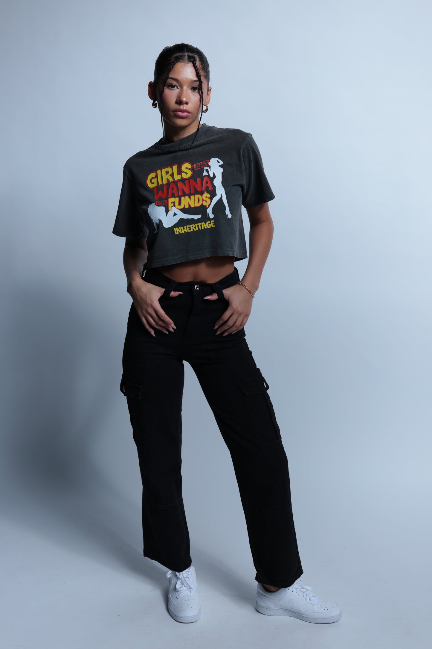 "Girls Just Wanna Have Funds"  Grey crop top
