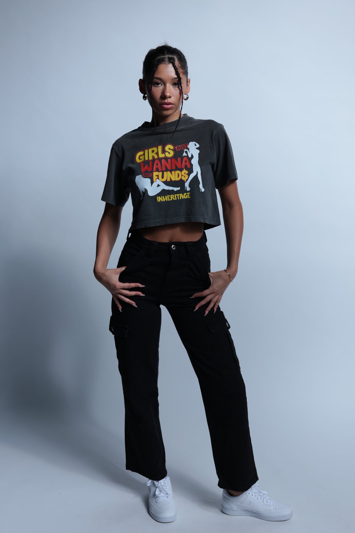 "Girls Just Wanna Have Funds"  Grey crop top